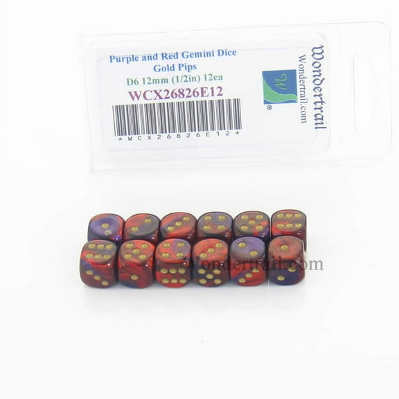 Purple and Red Gemini Dice with Gold Pips D6 12mm (1/2in) Pack of 12 Wondertrail