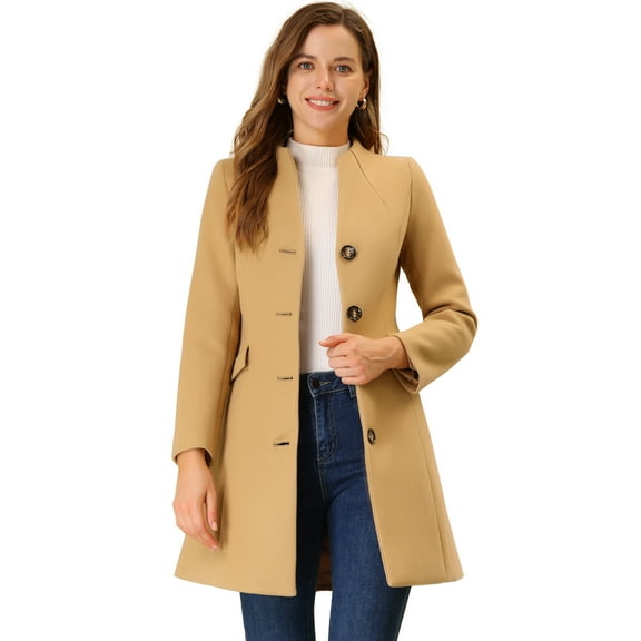 Abrigo largo elegante de invierno para mujer con cuello en V y un solo pecho Caqui S