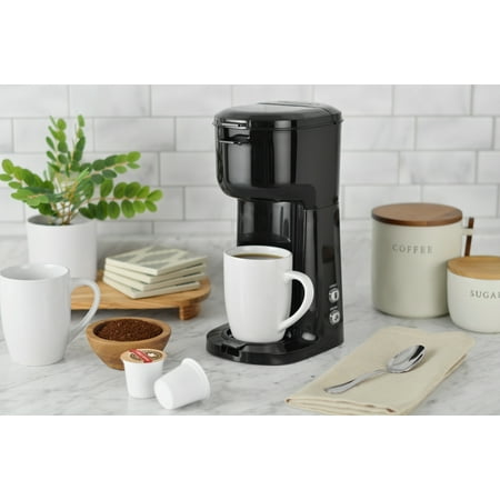 (MISSING K CUP HOLDER & REUSABLE FILTER) Mainstays Single Serve Coffee Maker, 1 cup Capsule or Ground Coffee, Black, New, Model: 202140
