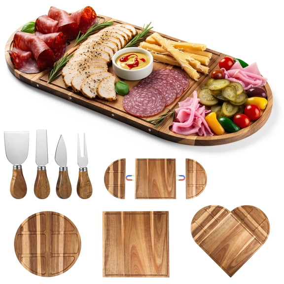 Large Charcuterie Board, Wooden Cheese Board Set, Adsorbent Serving Platter, Square and Semi-Circle Tray Combination, Steak Cheese Fruit Tray with Utensil for Party, Housewarming