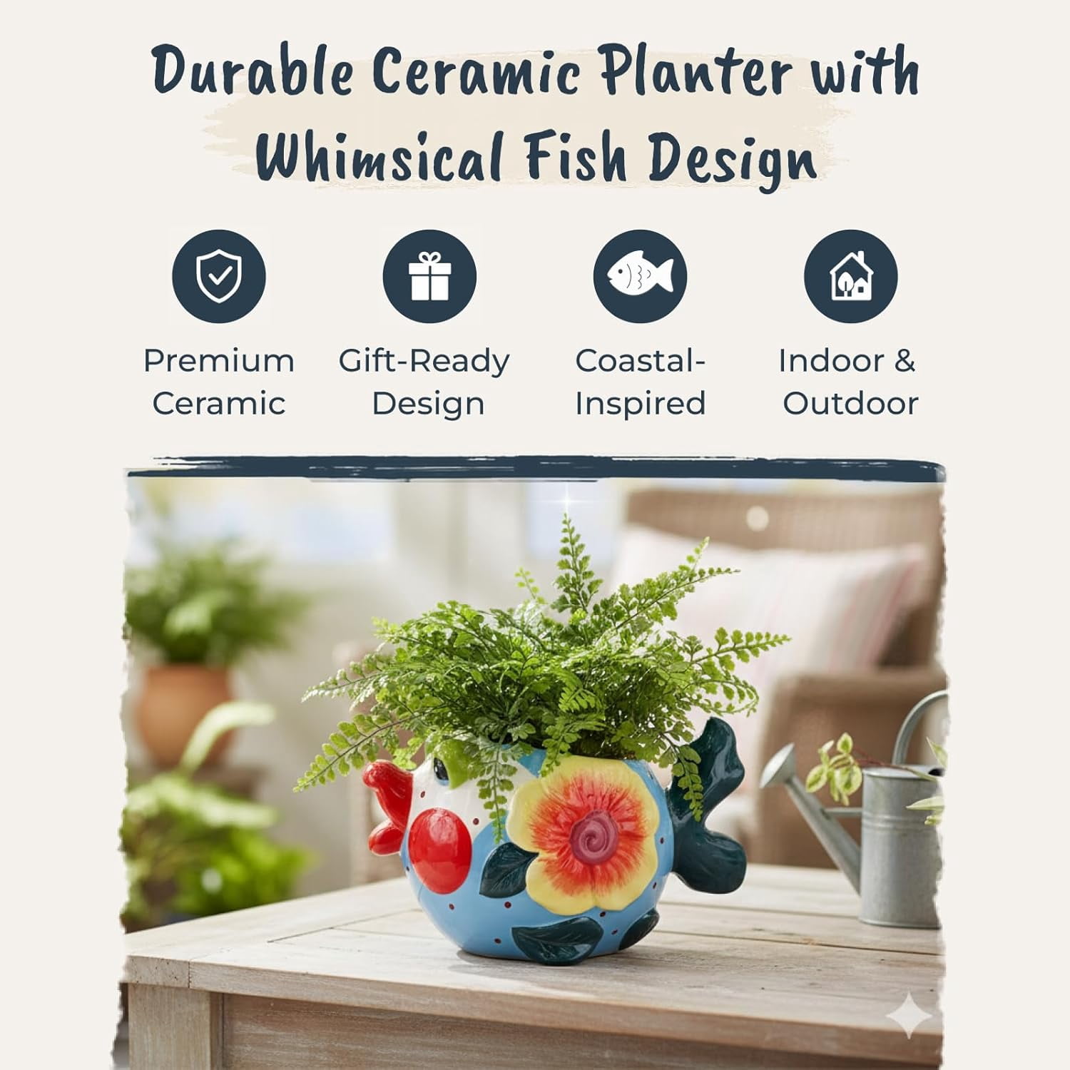 Blue Sky Ceramic Fish Planter, 8.15" H, Multicolor