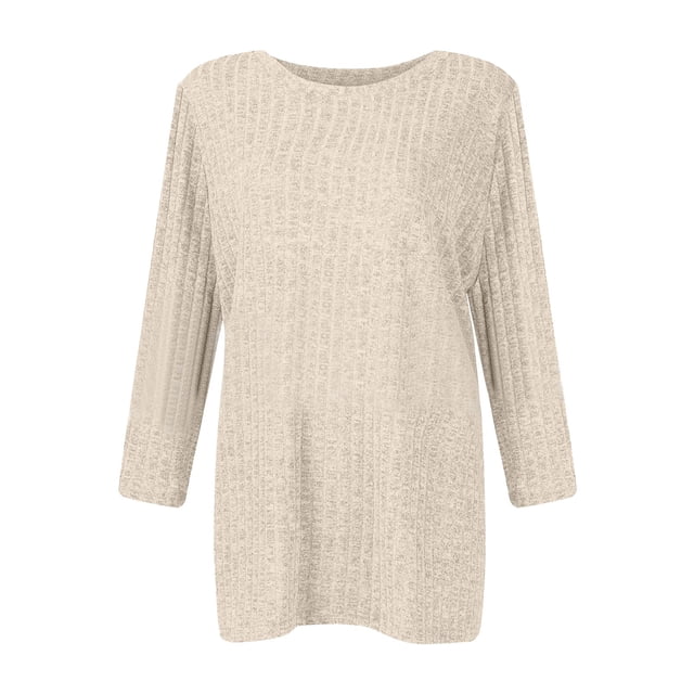 T-Shirt Décontracté pour Femme à Col Rond, Rayé Givré, Couleur Unie, Manches Trois-Quarts, pour un Confort et un Style au Quotidien