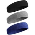 thumbnail image 1 of Paquete de 3 bandas para el sudor, diadema deportiva para hombres y mujeres, banda para el sudor de tela de rizo de algodón atlético que absorbe la humedad para tenis, baloncesto, correr, gimnasio,, 1 of 5