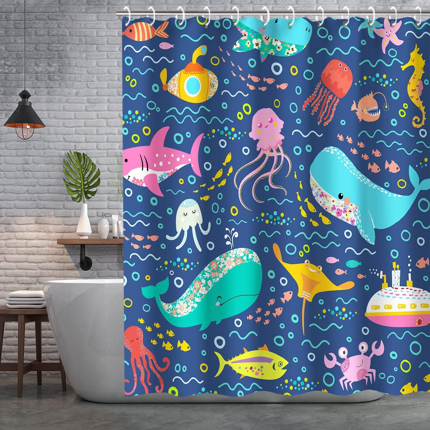 Fish Shower Curtain, Kids Shower Curtains Set with 12 Hooks, Whale Shower Curtain, Sea Animal Bathroom Decor Curtain for Girls and Boys, 72 ''''W x72 ''''H