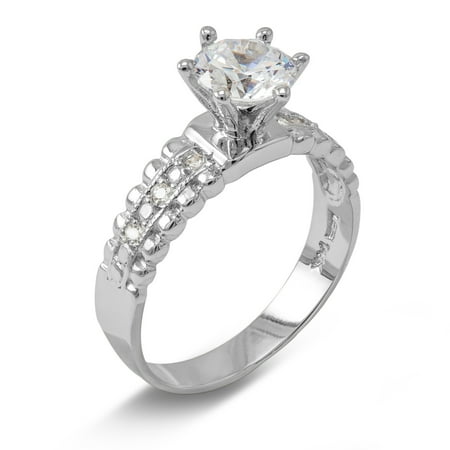 14K Solid White Gold 1 Ct. Round Cut Solitaire CZ Engagement Ring With Stones in Band