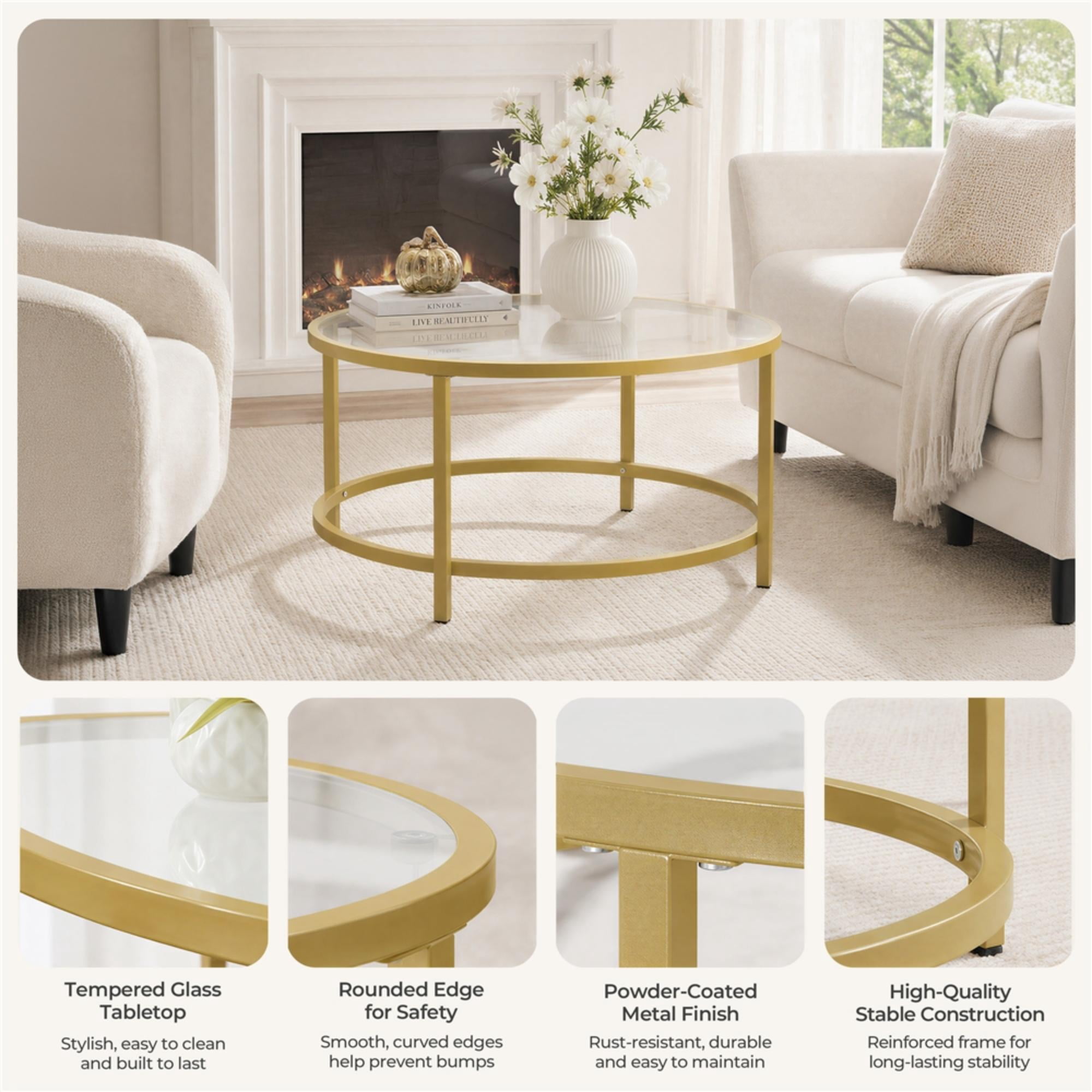 Renwick Round Glass Top Coffee Table for Livingroom, Gold