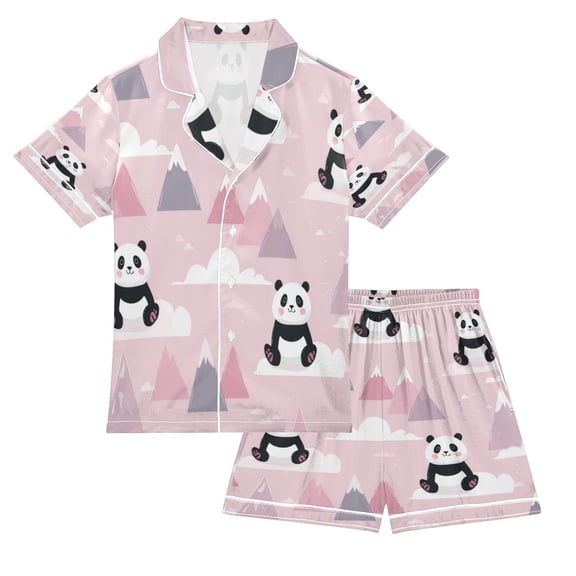 Silky Satin Kids' Pajama Set Breathable & Smooth Unisex Button-Down Pajamas Panda and Clouds Pattern