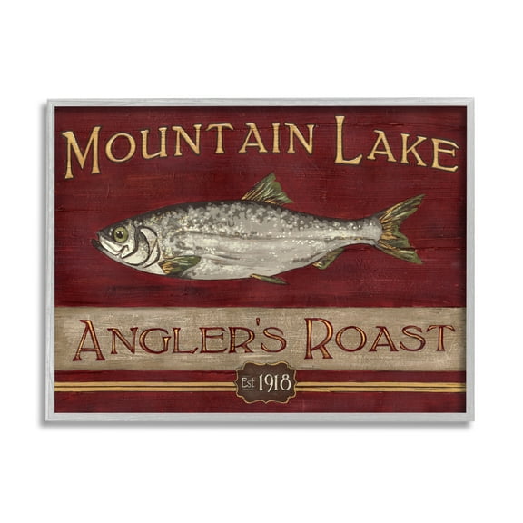 Stupell Industries Antique Mountain Lake Fisherman Sign Angler's Roast Food & Beverage Painting Gray Framed Art Print Wall Art, 24 x 30