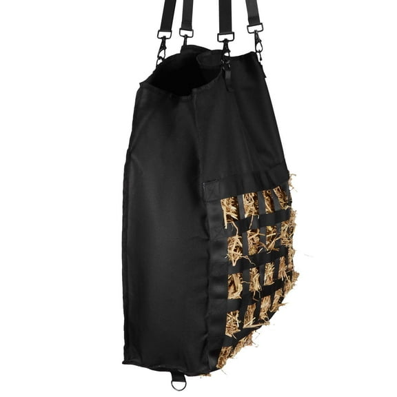KFFKFF Durable Horse Hay Bag, 21.65 x 7.28 x 25.2 in, 1.81 x 1.81 in Openings, Sturdy Nylon with Waterproof PVC Coating, Adjustable Straps and Metal Hooks, Designed for Slow Feeding
