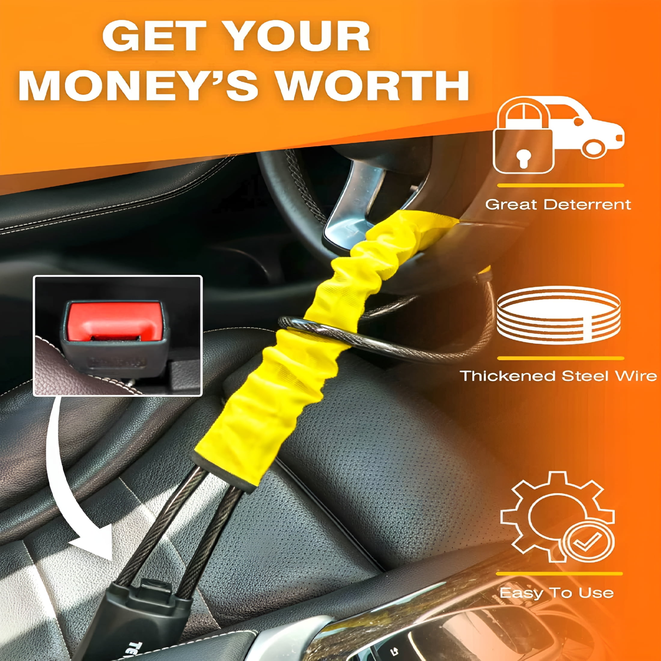 GJX Steering Wheel Lock Seat Belt Lock Universal Anti Theft Car Device Car Lock Car Theft Prevention with 3 Keys for Car Security Fit Most Vehicles Truck SUV Van(Yellow)