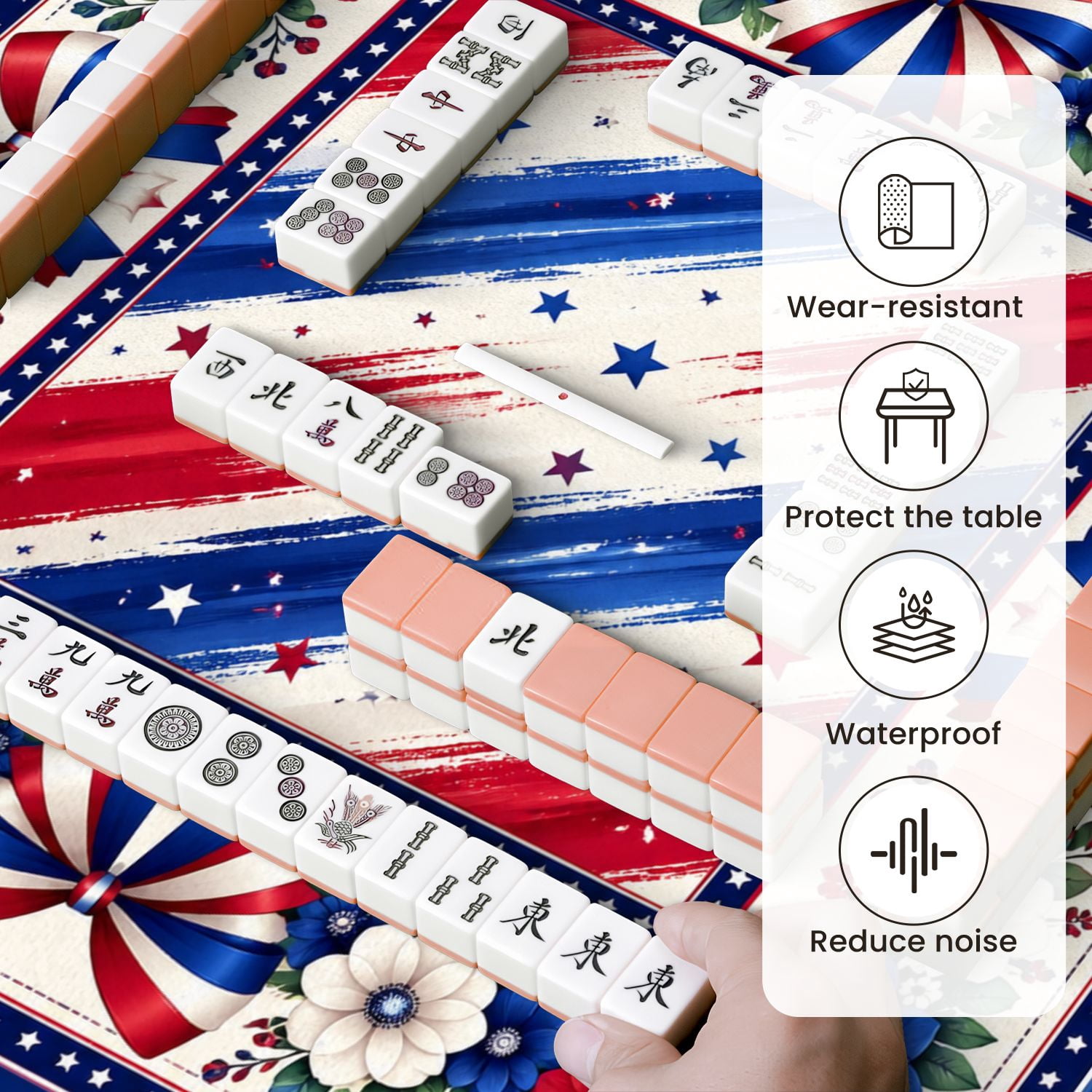 Mahjong Mat 31.5" x 31.5" Patriotic Red White Blue Floral Star Striped Bows Border Non-Slip Noise Reduction Mahjong Tiles Table Cover for Dominoes Poker Card Board and Tile Games