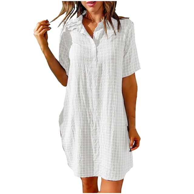 Pisexur Robes d'Été pour Femmes Couleur Unie à Rayures en Coton et Lin Mode Décontractée Robe Midi à Col en V Fluide Ample à Manches Courtes Robe d'Été Confortable Évasée Boutonnée Robe de Plage Robe Grande Taille P-3TG