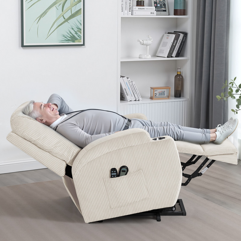 Homall Power Lift Massage Recliner Chair with Eight Vibrating Massages Ergonomic Chair with Side Pocket and Soft Corduroy for Living Room,Beige