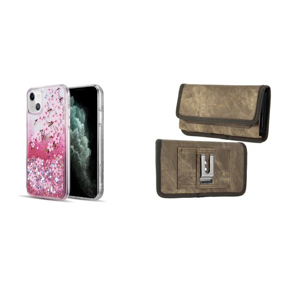 Liquid Glitter Case for iPhone 14 Plus and Belt Holster Pouch (Cherry Blossom/Brown)