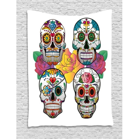 Sugar Skull Decor Tapestry, Different Types of Skulls Rich Colorful Ornaments Roses Border Carnival, Wall Hanging for Bedroom Living Room Dorm Decor, 60W X 80L Inches, Multicolor, by Ambesonne