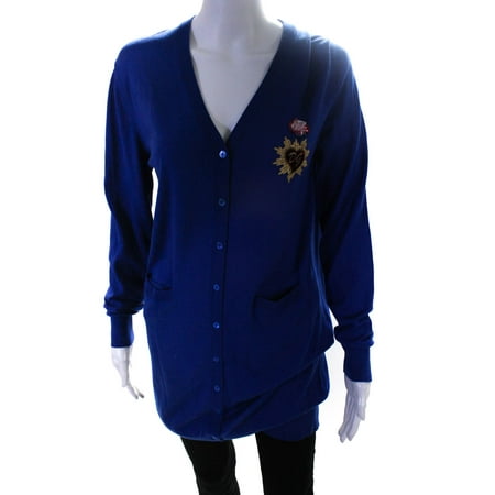 

Pre-owned|Dolce & Gabbana Womens Long V Neck Embroidered Patch Cardigan Blue Size IT 40
