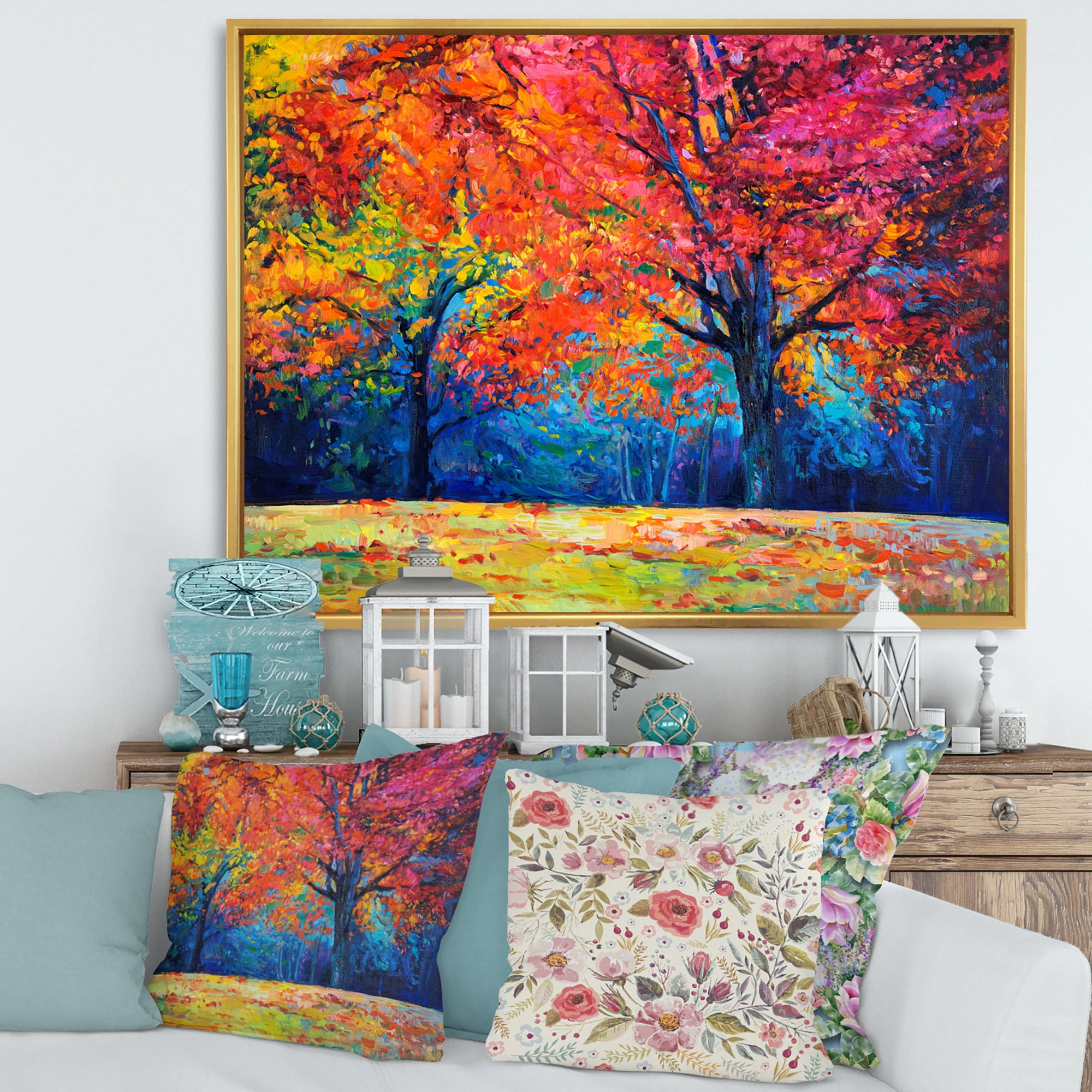 Designart 'Abstract Vibrant Red Tree In Autumn Landscape' Traditional Framed Canvas Wall Art Print