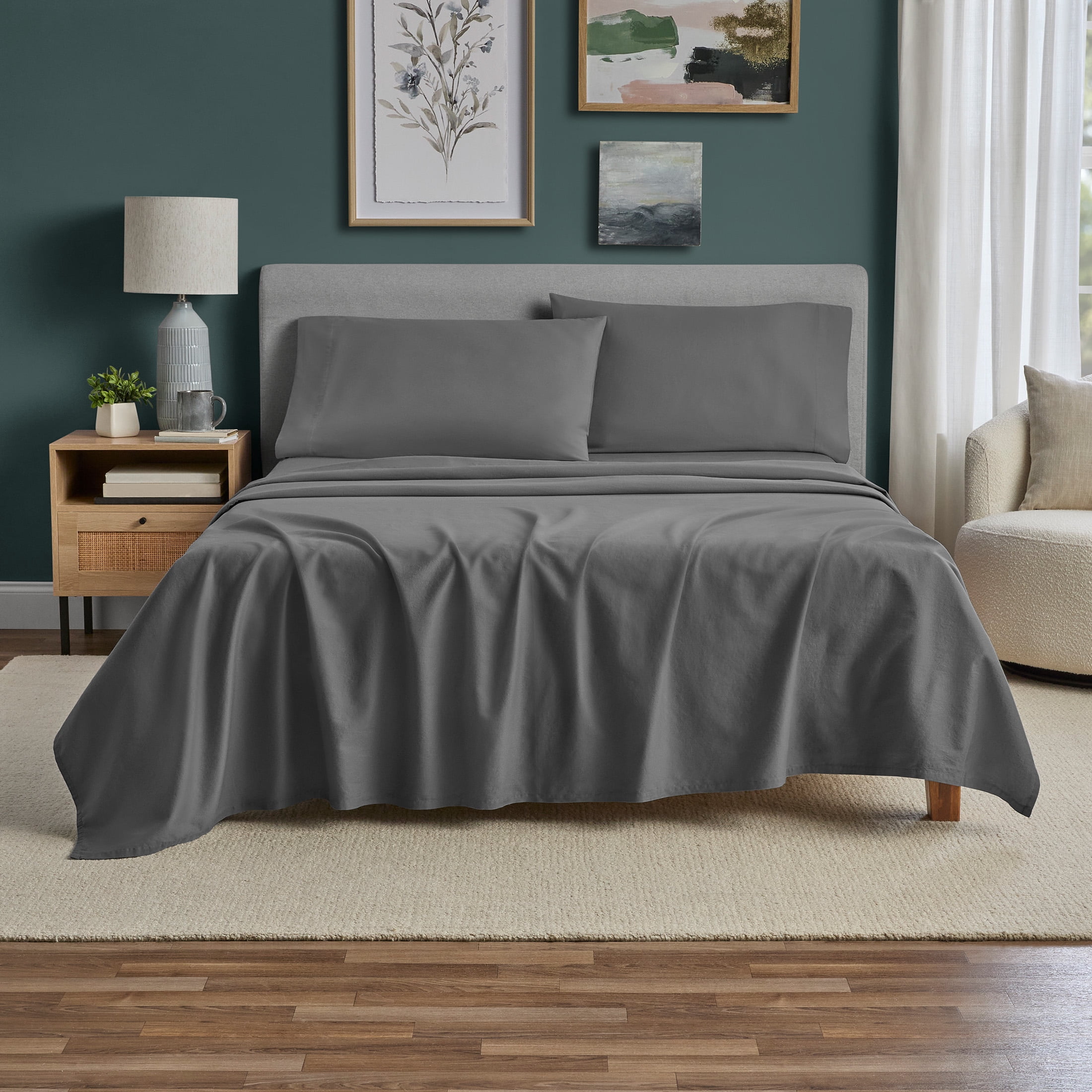 Mainstays 100% Cotton Dreamy Soft 4-Piece Bed Sheet Set, 220 Thread Count Brushed and Washed Sateen, Deep Pocket, King, Soothing Grey