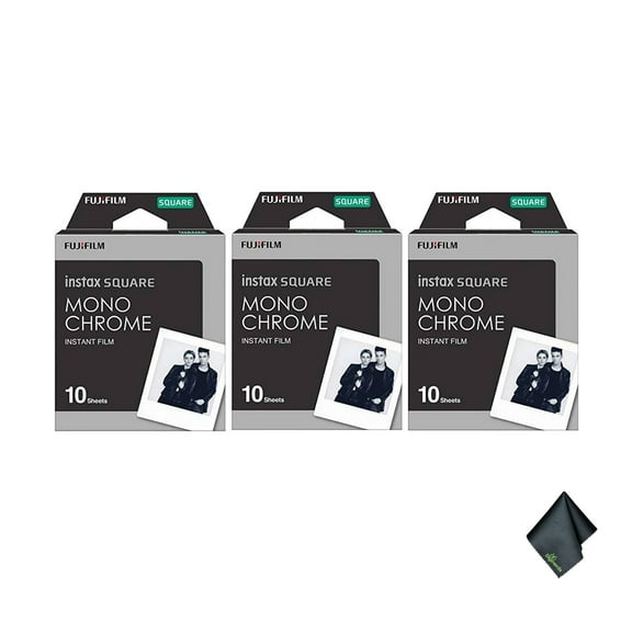 FUJIFILM INSTAX SQUARE Monochrome Instant Film (Pack of 3) (30 Exposures) Bundle With Microfiber Cleaning Cloth
