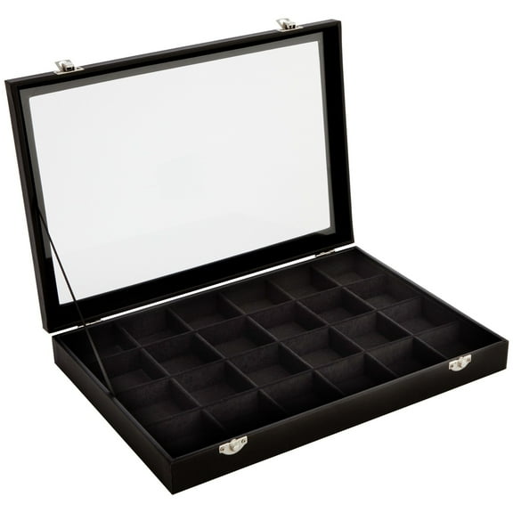 Black Velvet Jewelry Display Tray Organizer Case, Rock Collection Box for Gemstones, Crystals, Pendants (24 Grids Box, 14 x 9.5 x 2 In)