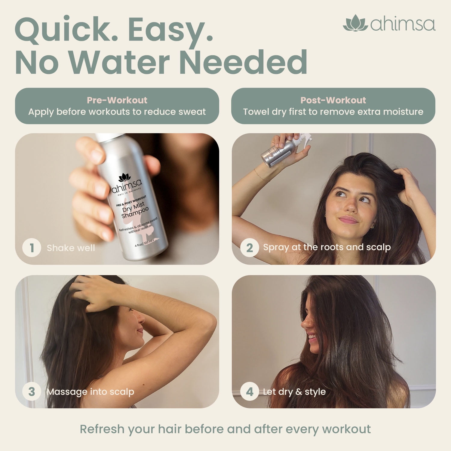 Ahimsa Dry Mist Shampoo, Residue-Free, Dark Hair Friendly, Vegan & Cruelty-Free, Pre & Post Workout, 4 oz