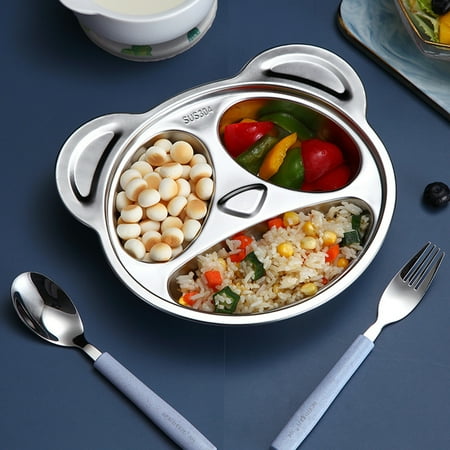 

chaolangshun Toddler Plate Grid Design Shatter-resistant Stainless Steel Baby Cartoon Dish Tableware for Kindergarten