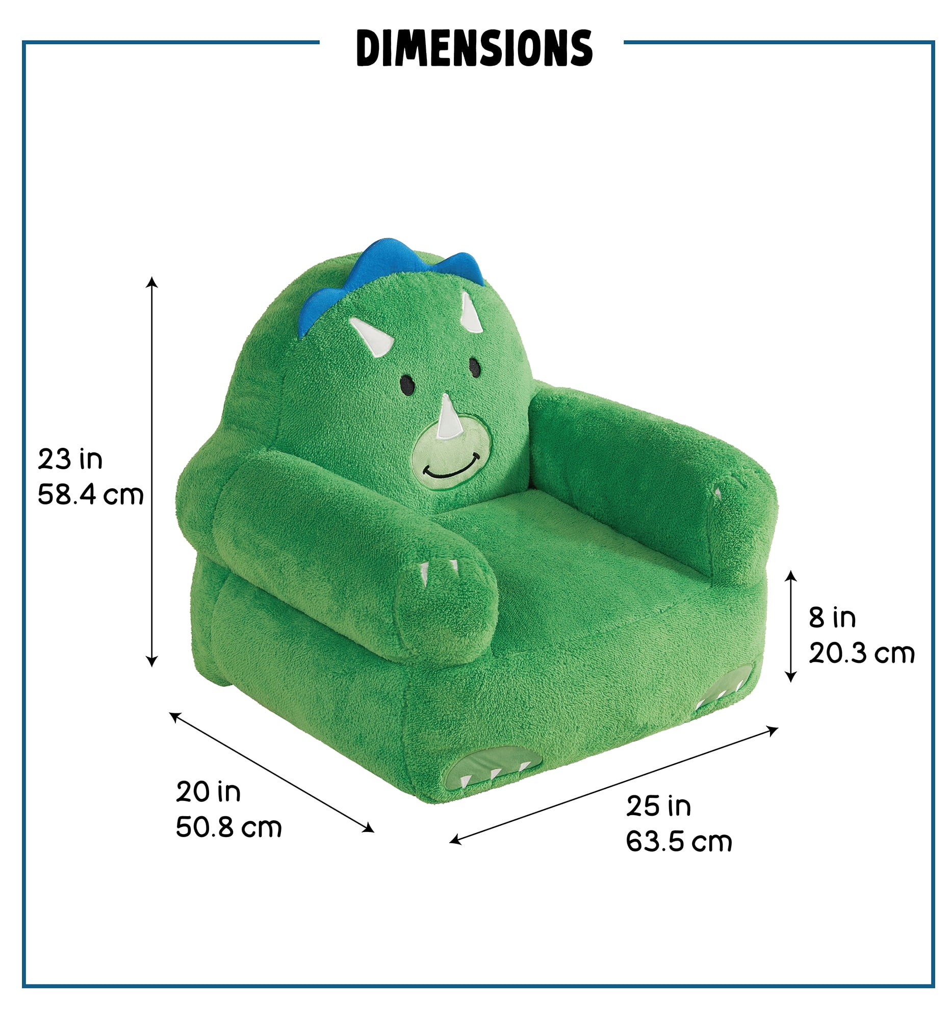 Lounge & Co Kids Dino Large Foam Filled Bean Bag Chair, Green Plush, 25" W x 20" D x 23" H