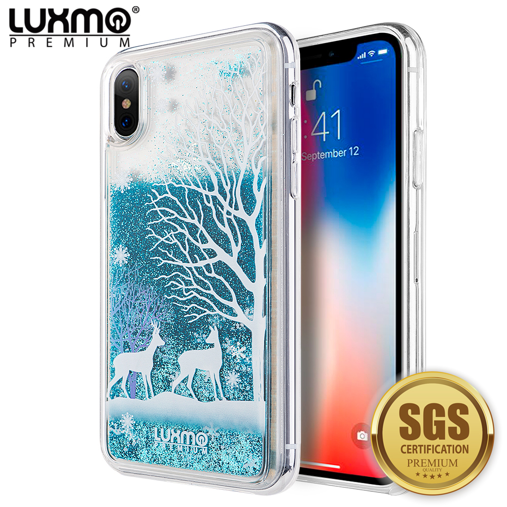 3D Winter Sparkle Glitter Waterfall Phone Case (Winter Deer) for Apple iPhone XS/X - Interactive Water Liquid Cascade Floating Snow Globe Dynamic Transparent Smartphone Cover Snow Nature Animals Woods