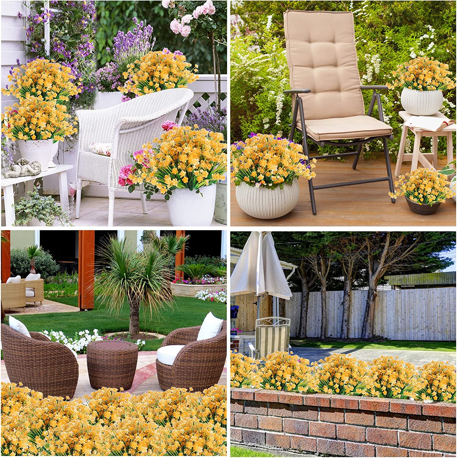 Morttic Artificial Flowers for Outdoors Plastic UV Resistant Faux Flowers Decoration Greenery Garden Shrubs，Bulk Fake Flowers in Vase (Yellow 4pcs)