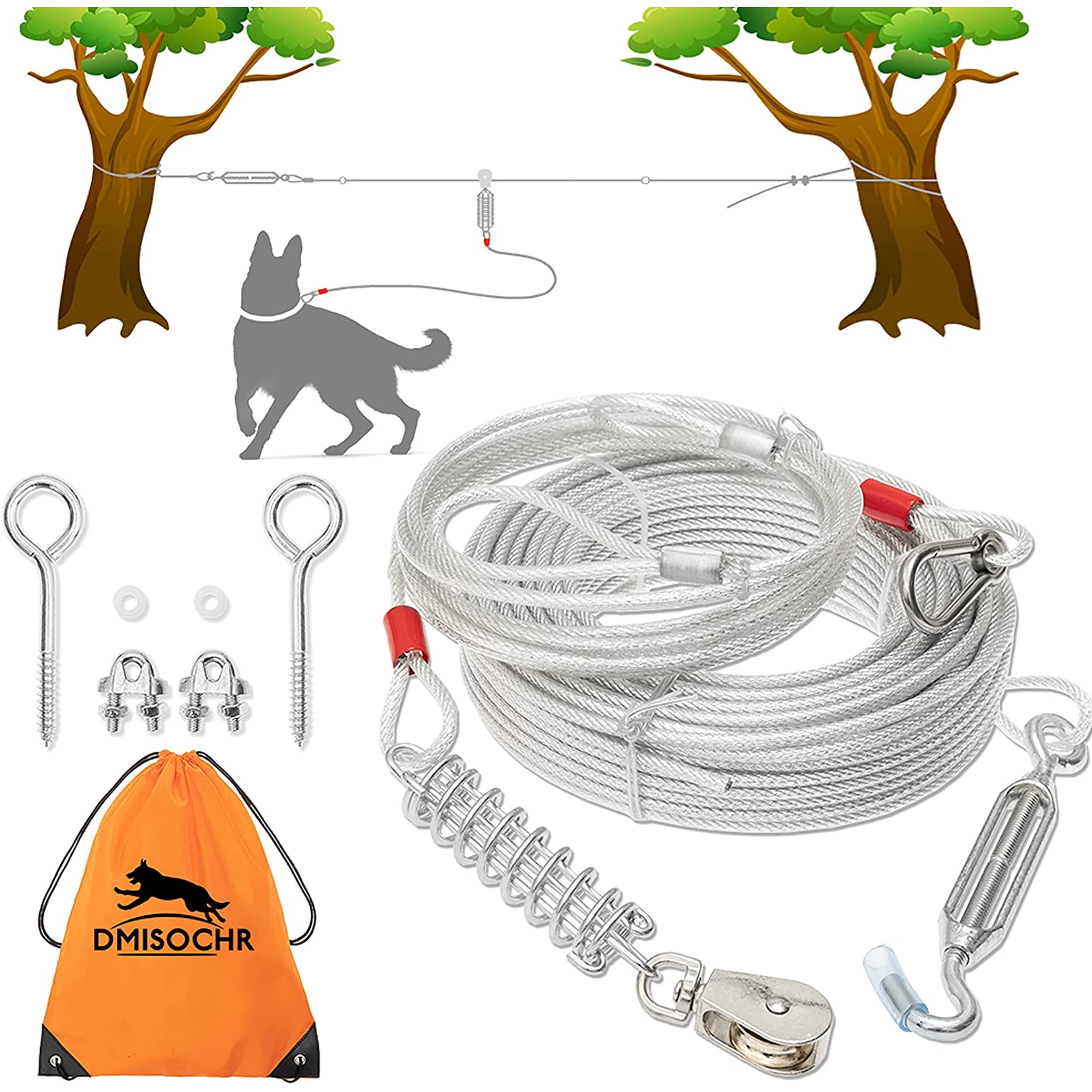 DMISOCHR Dog Tie Out Cable - 100 ft Long Dog Leash with 10ft Runner Cable for Yard Training Running Camping Hiking Outdooor, Heavy Duty Lead Trolley Cable with Buffer Spring for Small Medium Large Dog