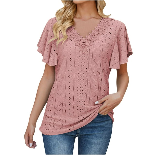 Timegard Womens Tops Summer Eyelet Ruffle Short Sleeve Lace V-Neck Blouse Dressy Casual Loose Shirts Tops