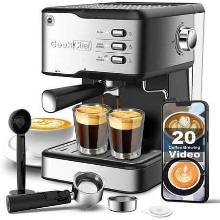 

Geek Chef Espresso Machine Espresso & Cappuccino Latte Maker 20 Bar Coffee Machine Compatible with ESE POD Capsules Filter&Milk Frother Steam Wand 950W 1.5L Water Tank Black&Silver
