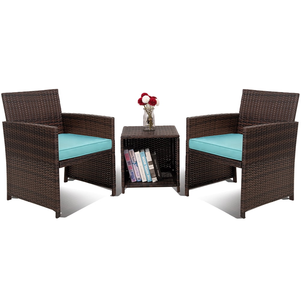 Kadyn 3 Pieces Outdoor Patio Wicker Furniture Sets, PE Rattan Chair Patio Conversation Sets with 2 Soft Cushions Single chairs and Coffee table, Rattan Conversation Set for Balcony, Teal Kadyn 3 Pieces Outdoor Patio Wicker Furniture Sets, PE Rattan Chair Patio Conversation Sets with 2 Soft Cushions Single chairs and Coffee table, Rattan Conversation Set for Balcony, Teal