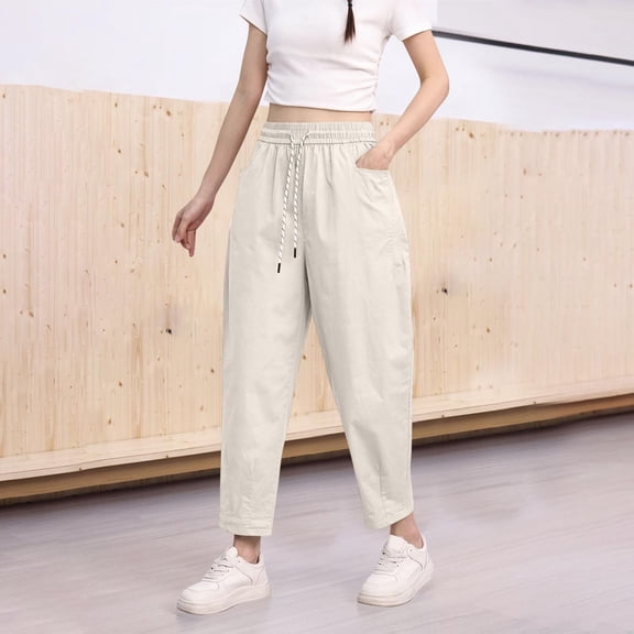 Roncen Women's Solid High-Waisted Casual Pants - Relaxed Fit with Elastic Cuff Trousers, Drawstring & Elastic Waist, Pockets for Fashionable & Leisure Style