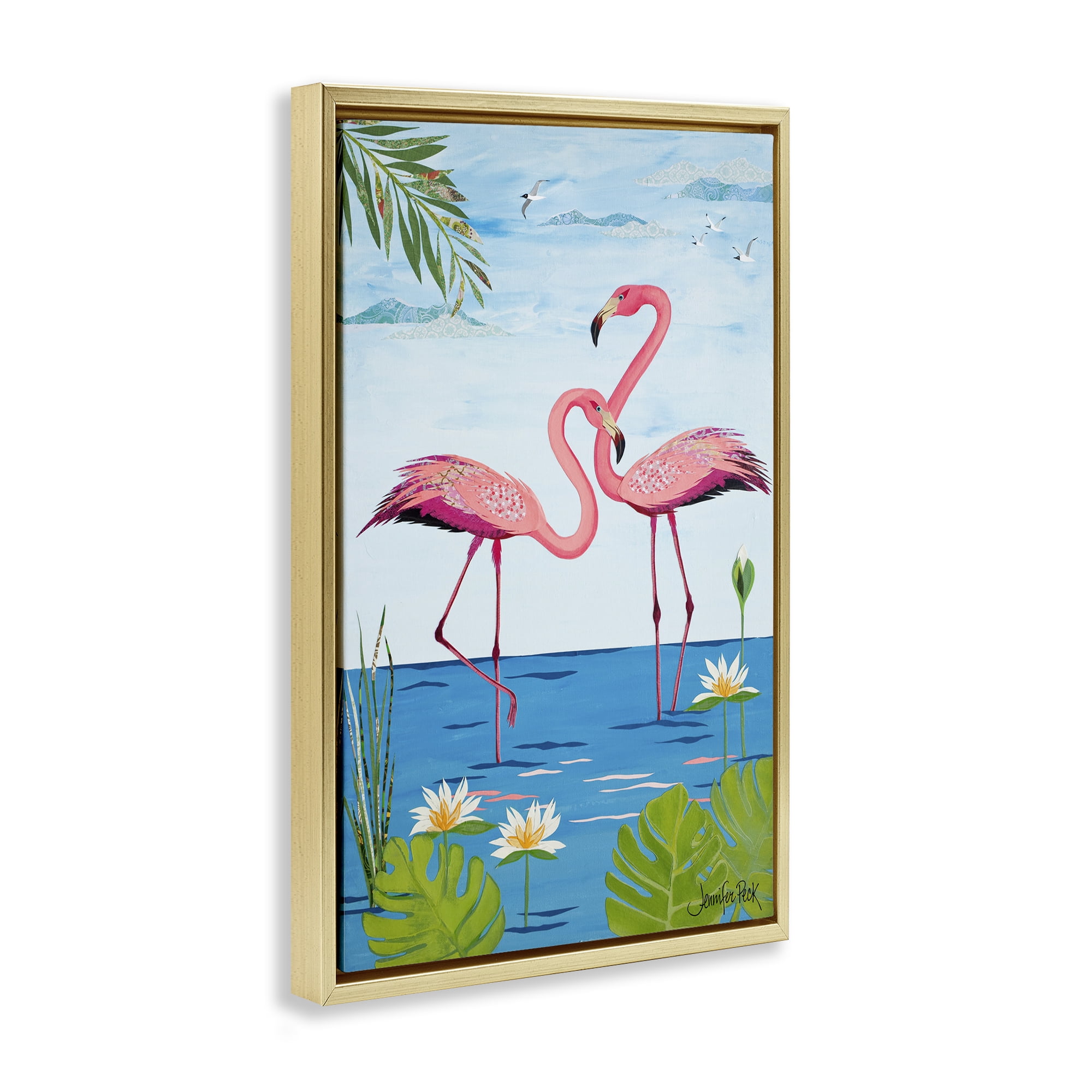 Stupell Industries Pretty In Pink Flamingos Animals & Insects Painting Gold Floater Framed Canvas Art Print Wall Art, 17 x 25