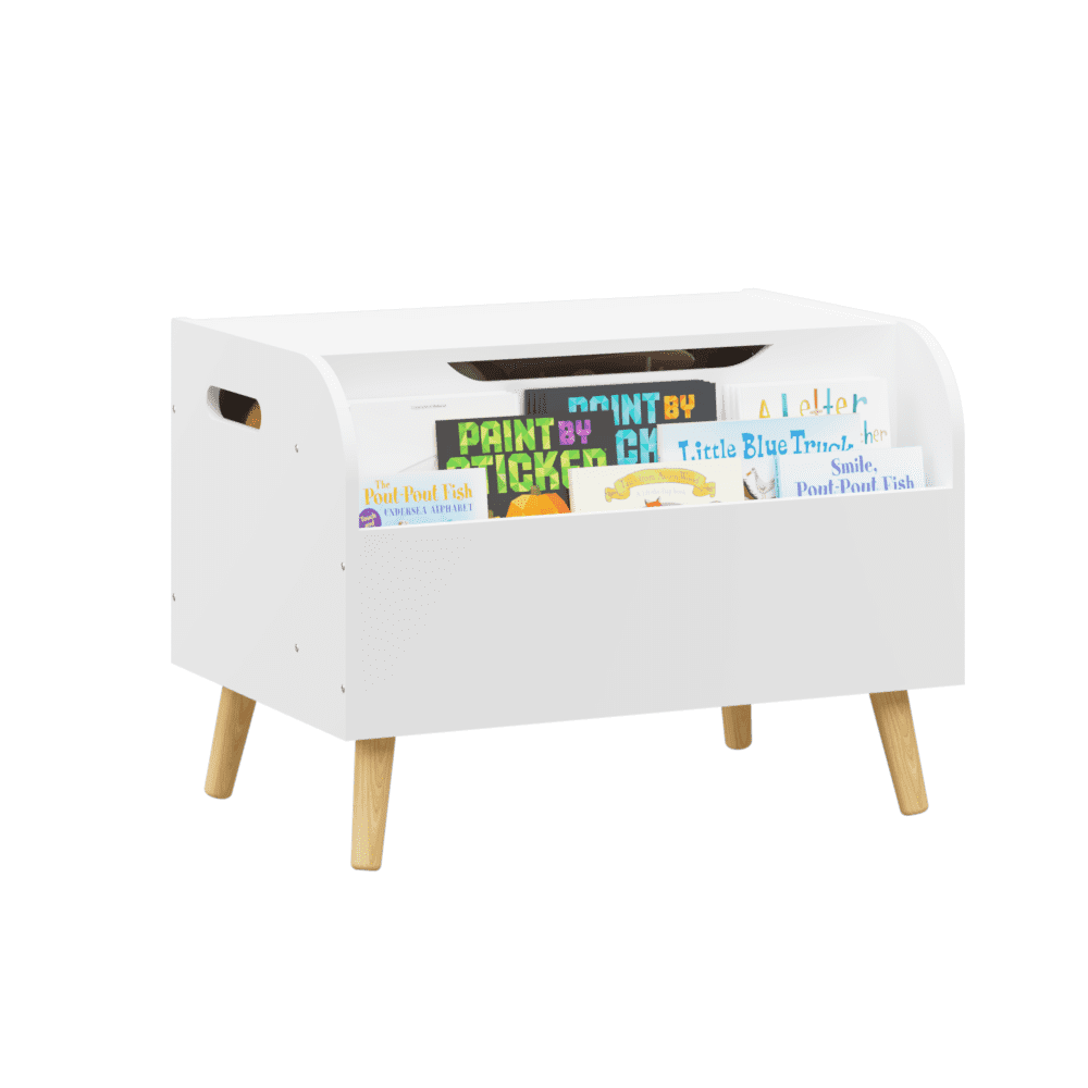 Modern Wooden Toy Box, Kids Toy Storage Organizer with Front Bookshelf, Flip-Top Lid, Safety Hinge, Boys Girls Toy Chest Bench for Playroom Kids Room Organization (White)