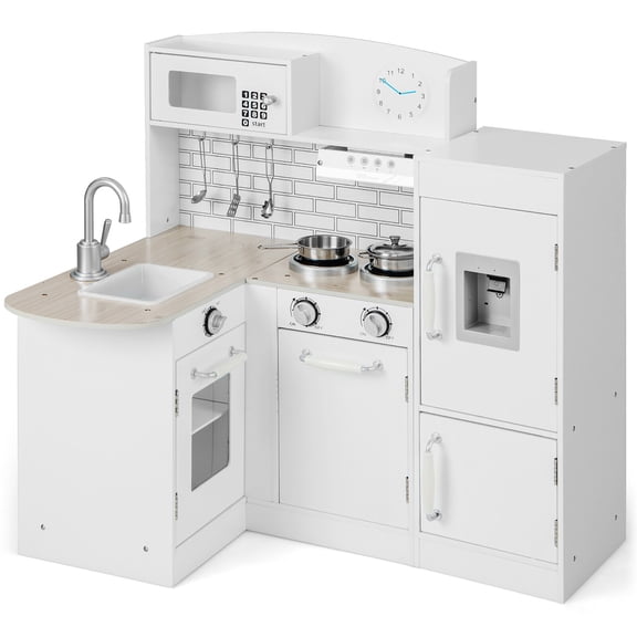 Gymax Kid's Corner Kitchen Playset Wooden Chef Play w/ Sink Stove Range Hood Utensils