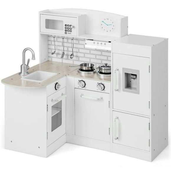 Gymax Kid's Corner Kitchen Playset Wooden Chef Play w/ Sink Stove Range Hood Utensils