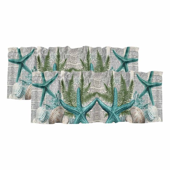 Coastal Teal Starfish Curtain Valances for Windows, Kitchen Valance Window Treatments Panel 2 Pack, Summer Ocean Beach Shell Pine Leaf Rod Pocket Short Curtains for Bathroom Bedroom 54 x 18 Inch