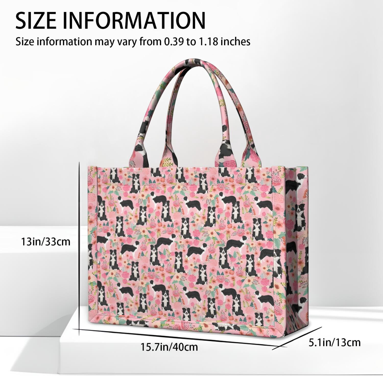 Large Capacity Tote Bag,Pink Border Collie Dog and Flower Floral Handbag Fashion Luxury Tote Bag,15.7"x13"x 5.1" Inches,Laptop Compatible