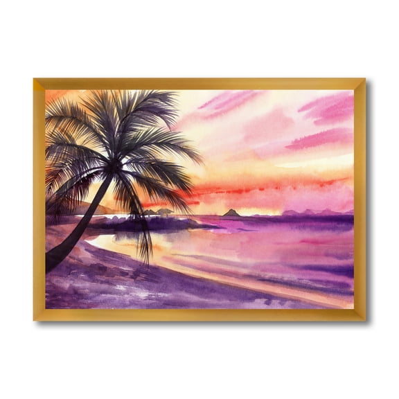 Designart 'Purple and Pink Palm Beach Sunset' Nautical & Coastal Framed Art Print
