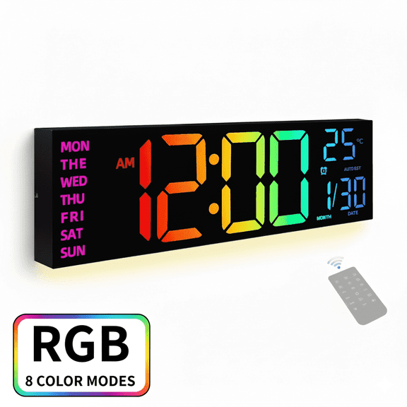 LEIKE 16.2" Large Digital LED Wall Clock with 8 Colors, 5-Level Brightness Adjustment, Battery Operated, Temperature Display, Big Numbers for Bedroom Office Living Room