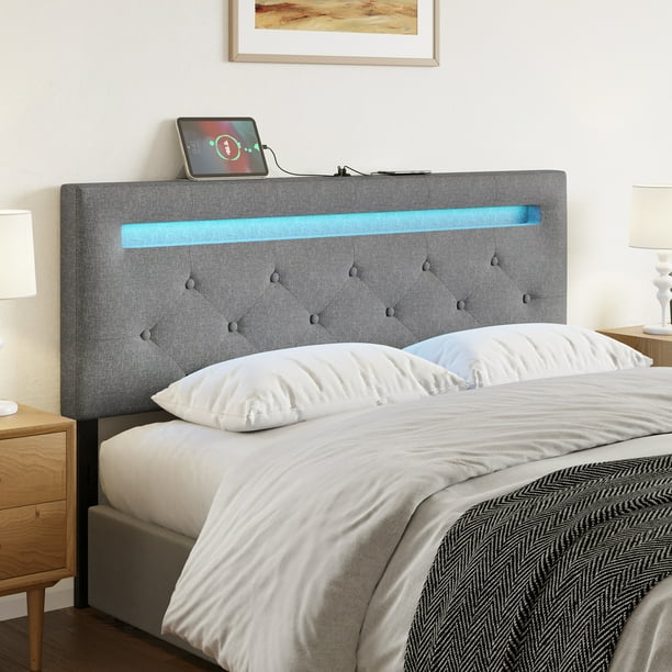 FABATO Cabecera Matrimonial con Luz LED y 2 Puertos USB - De Tela de Lino Acolchonada y Altura Ajustable - Ideal para Mueble para Recamara (Matrimonial)