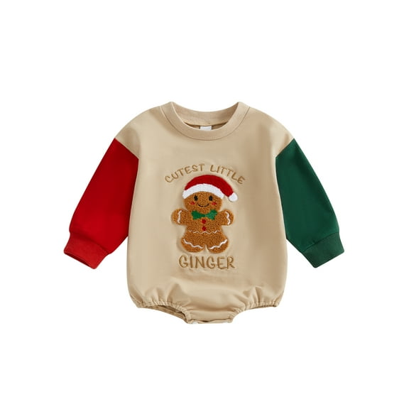 FeMereina Newborn Baby Girl Boy Christmas Outfits Cute Gingerbread Man Letter Embroidery Romper one-piece Pullover Sweatshirt Fall Winter Clothes