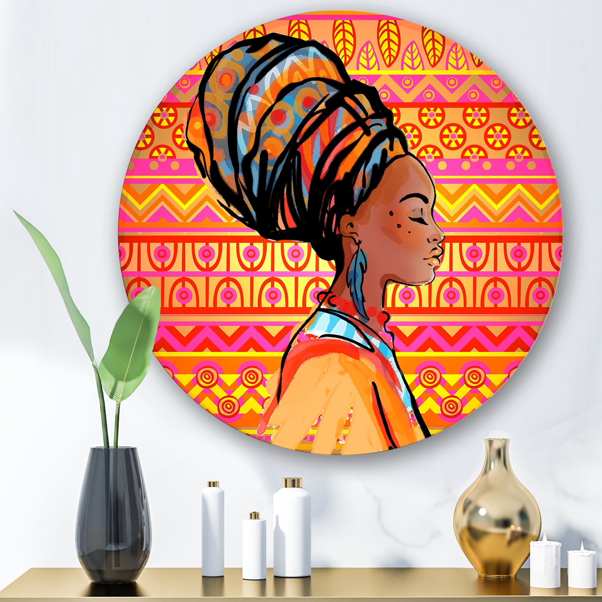 Designart 'Portrait of African American Woman With Turban I' Modern Circle Metal Wall Art 23x23 - Disc of 23
