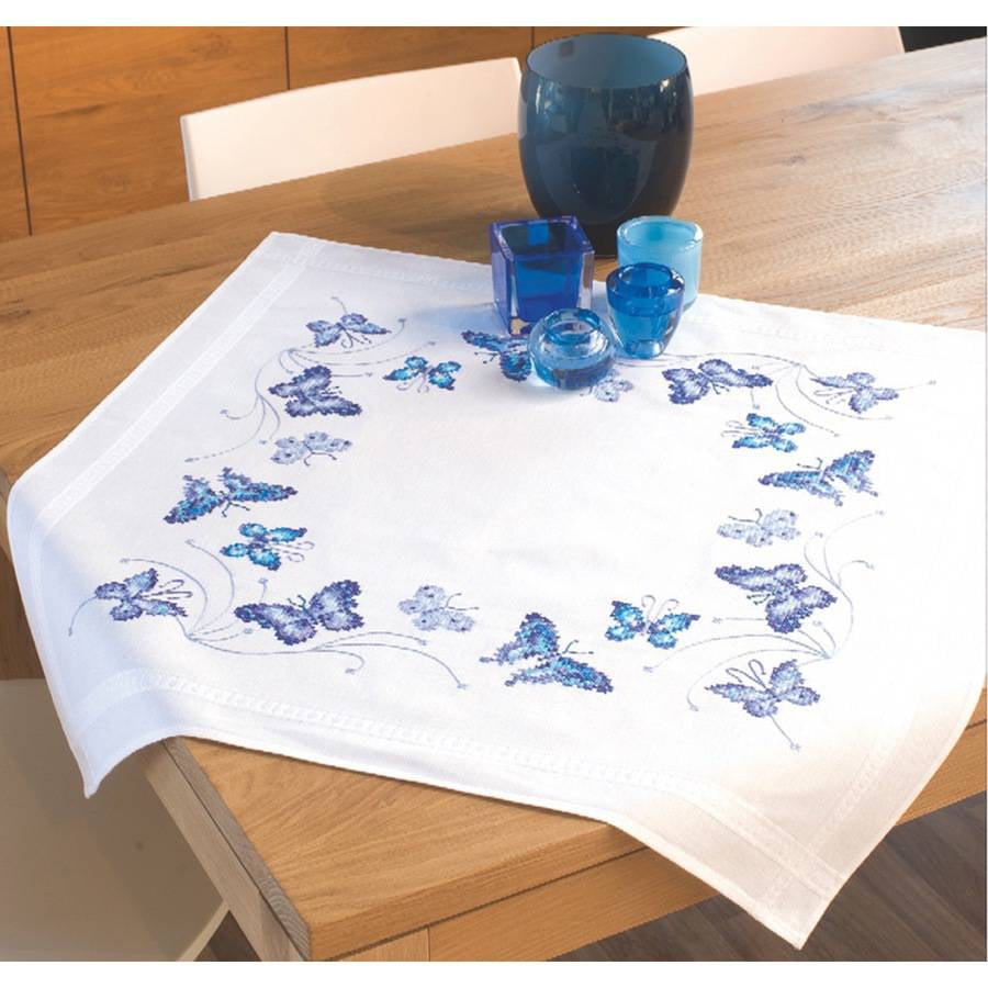 Blue Butterflies Tablecloth Stamped Embroidery Kit, 32" x 32"