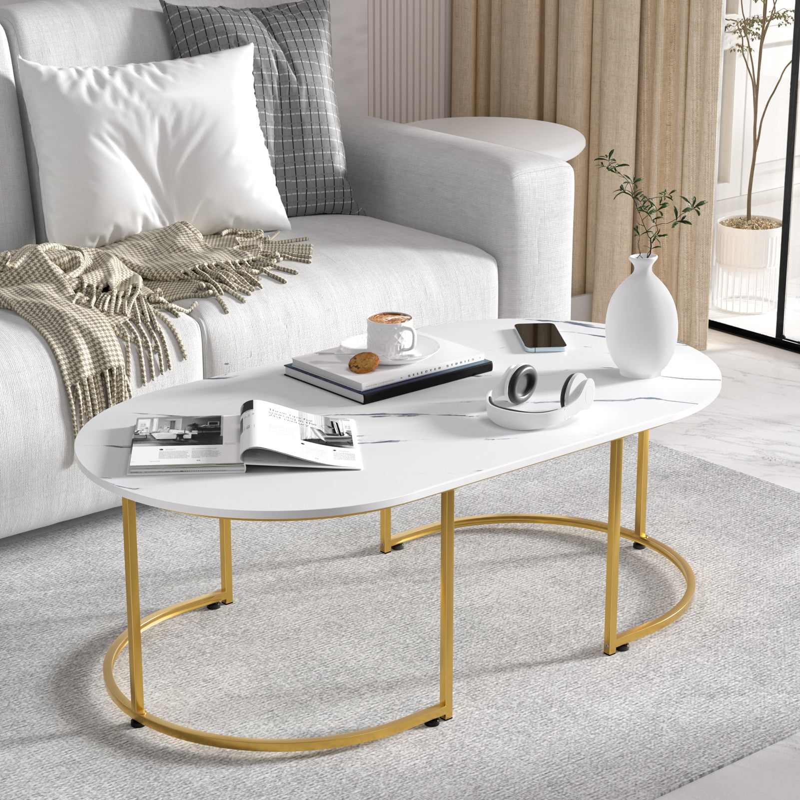 Andvari Table d'Appoint Motif Marbre Table Basse Table à Thé Table de Bout Assemblage Facile