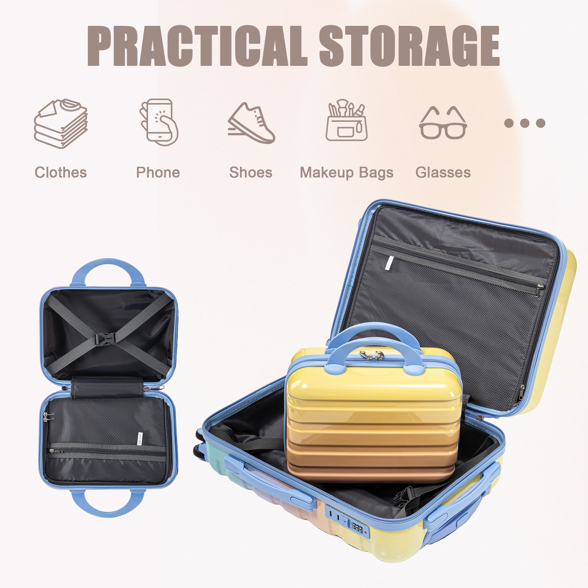14"/20" 2 pcs/set in PC Spinner Wheel Luggage, Carry on Suitcase, With Gradient Color and Combination Lock (Blue+Yellow)