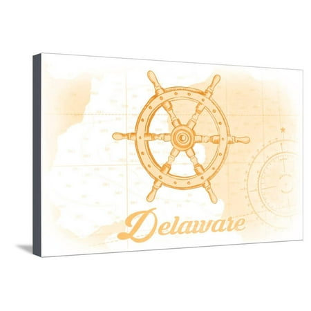 Delaware - Ship Wheel - Yellow - Coastal Icon Stretched Canvas Print Wall Art By Lantern