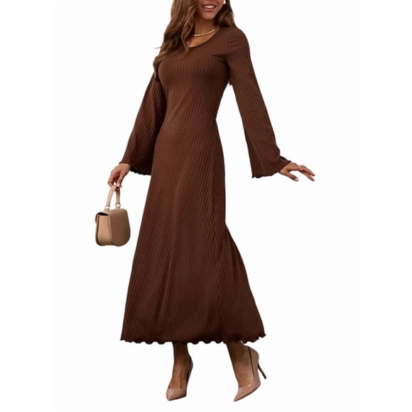 Womens Scoop Neck Lace Up Maxi Dress Knit Flare Sleeve Bodycon Dress Loose Casual Long Dresses Brown XL